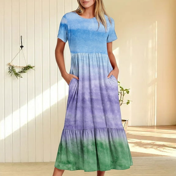 Wycnly Summer Dresses for Women Womens Summer Dresses Flowy Pleated Ruffle Swing Loose A Line Pocket Maxi Dress Women Formal Tie-Dye Print Crewneck Short Sleeve Long Dresses