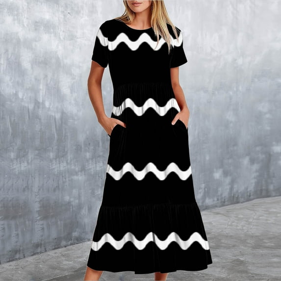 Wycnly Summer Dresses for Women Womens Summer Dresses Flowy Ruffle Swing Pleated Tunic Long Dresses with Pocket Girls Casual Striped Print Crewneck Short Sleeve Maxi Dresses