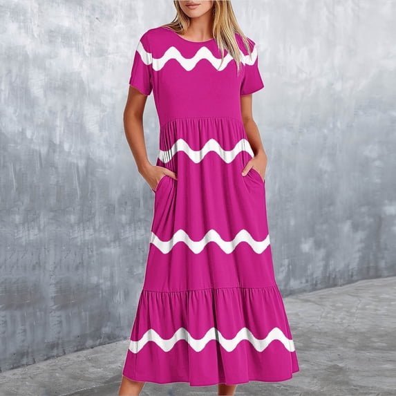 Wycnly Summer Dresses for Women Womens Summer Dresses Loose Flowy Pleated Ruffle Swing Tunic Maxi Dress with Pocket Girls Casual Striped Print Round Neck Short Sleeve Long Sundress