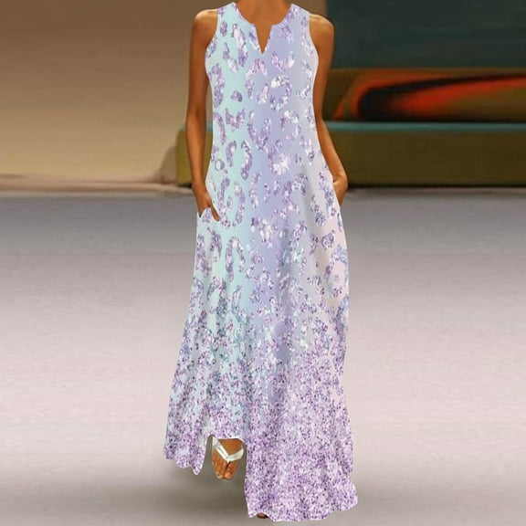 Wycnly Summer Dresses for Women Womens Summer Dresses Party Prom Loose Flowy Ruffle Hem Long Tank Dress with Pocket Ladies Formal Sequin V-Neck Sleeveless Maxi Sun Dress