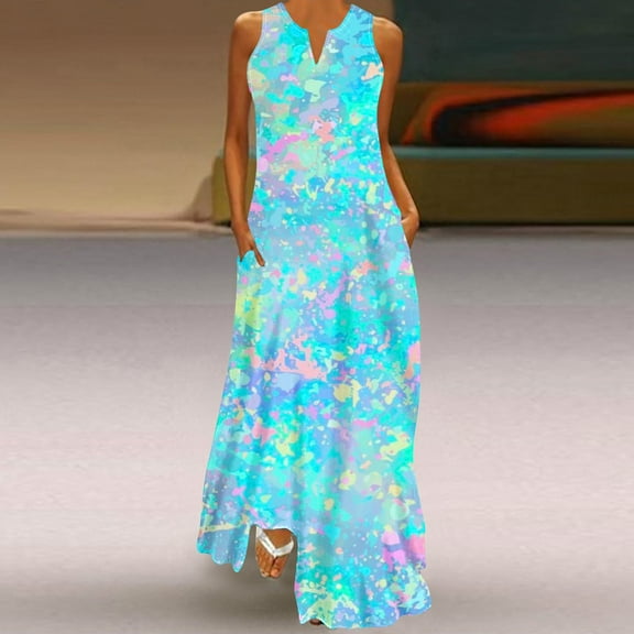 Wycnly Summer Dresses for Women Womens Summer Dresses Pocket Loose Beach Maxi Tank Dresses Womens Casual Tie-Dye Print V-Neck Sleeveless Long Sun Dresses