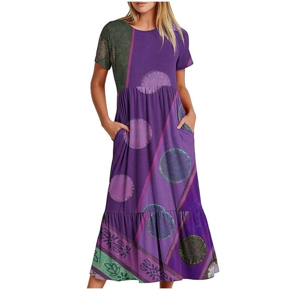 Wycnly Summer Dresses for Women Womens Summer Dresses Vintage Western Graphics Pleated Swing Tunic Maxi Dress with Pocket Womens Trendy Ethnic Style Print Crewneck Short Sleeve Long Sun Dress