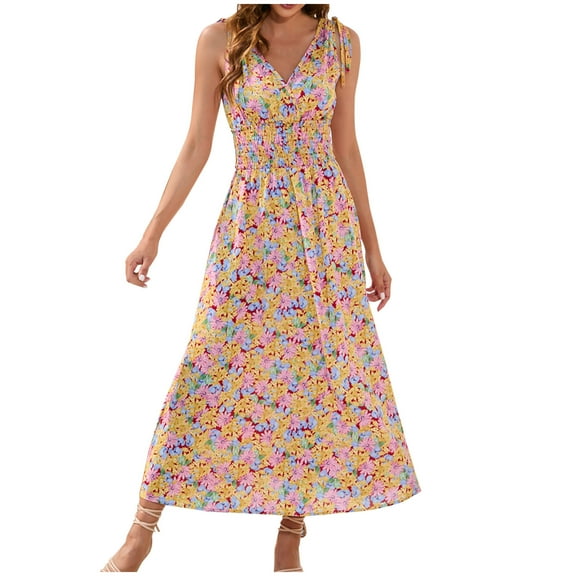 Wycnly Summer Dresses for Women Beach Fashion Elastic Waist A Line Tank Sundress 2025 Sleeveless V-Neck Floral Print Long Formal Dress Red m