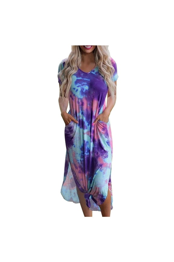 Summer Dresses for Women Beach Fashion Loose Sikt Shift Pocket Midi Dresses Short Sleeve V-Neck Tie-Dye Print Knee-Length 2024 Dress Blue l