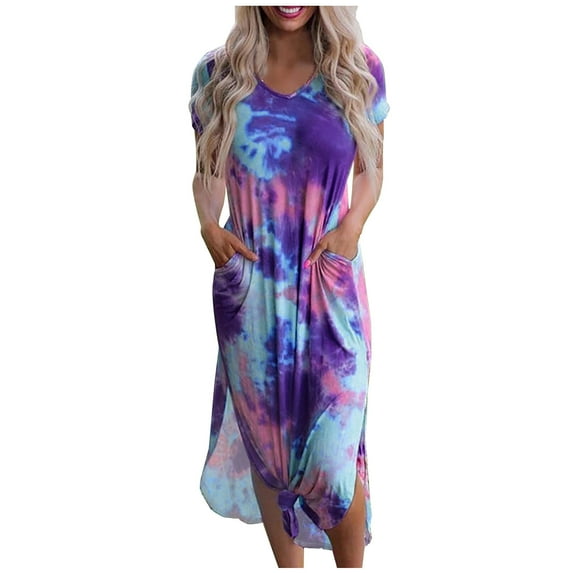 Wycnly Summer Dresses for Women Beach Fashion Loose Sikt Shift Pocket Midi Dresses Short Sleeve V-Neck Tie-Dye Print Knee-Length 2024 Dress Blue l