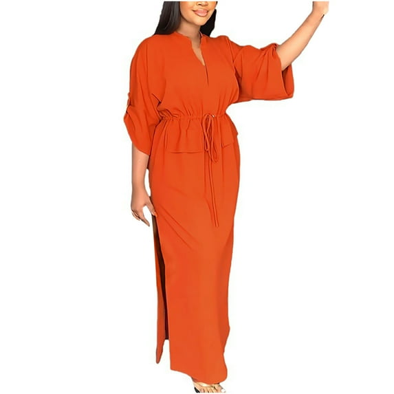 Wycnly Summer Dresses for Women Casual Elastic Waist Drawstring Pocket Slit Long Dresses 2025 3/4 Sleeve V-Neck Solid Maxi Formal Dress Orange l