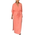 thumbnail image 1 of Wycnly Summer Dresses for Women Casual Elastic Waist Drawstring Pocket Slit Long Dresses 2025 3/4 Sleeve V-Neck Solid Maxi Formal Dress Pink XL, 1 of 5