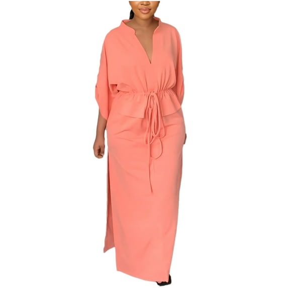 Wycnly Summer Dresses for Women Casual Elastic Waist Drawstring Pocket Slit Long Dresses 2025 3/4 Sleeve V-Neck Solid Maxi Formal Dress Pink XL