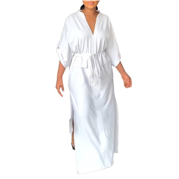 Wycnly Summer Dresses for Women Casual Elastic Waist Drawstring Pocket Slit Long Dresses 2025 3/4 Sleeve V-Neck Solid Maxi Formal Dress White XL