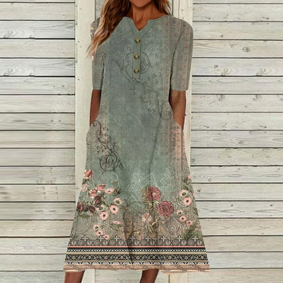 Wycnly Summer Dresses for Women Casual Pocket Button Down Plus Size Tunic Dresses Elbow-Length V-Neck Camouflage Long Sun Dress Brown XXL