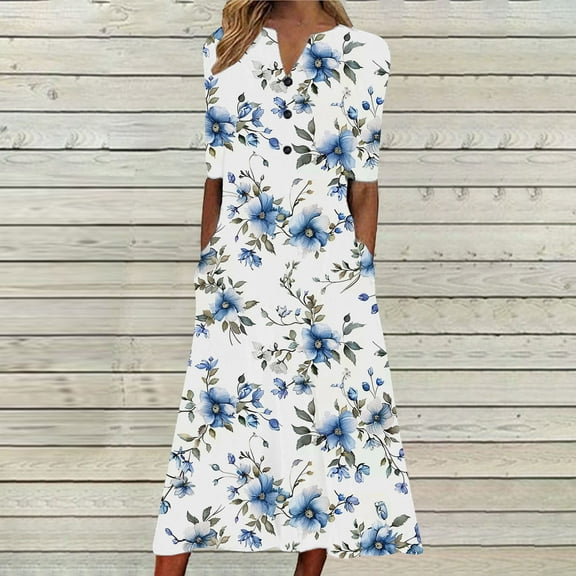 Wycnly Summer Dresses for Women Casual Pocket Button Down Plus Size Tunic Dresses Elbow-Length V-Neck Camouflage Long Sun Dress Dark Blue XL