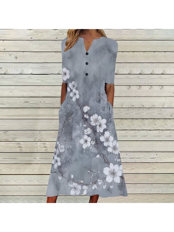 Summer Dresses for Women Casual Pocket Button Down Plus Size Tunic Dresses Elbow-Length V-Neck Camouflage Long Sun Dress Gray XXL