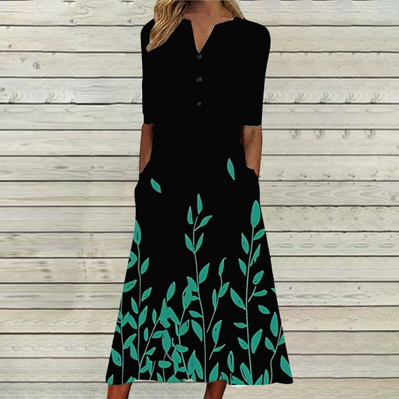 Wycnly Summer Dresses for Women Casual Pocket Button Down Plus Size Tunic Dresses Elbow-Length V-Neck Camouflage Long Sun Dress Green XL