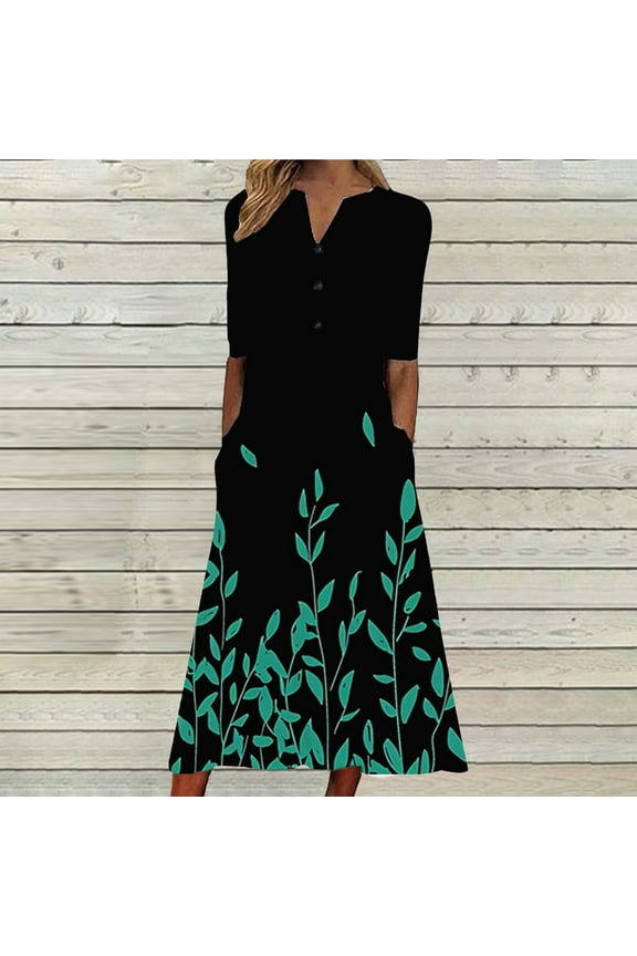 Summer Dresses for Women Casual Pocket Button Down Plus Size Tunic Dresses Elbow-Length V-Neck Camouflage Long Sun Dress Green XXL