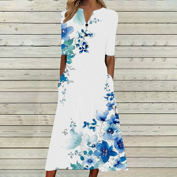 Wycnly Summer Dresses for Women Casual Pocket Button Down Plus Size Tunic Dresses Elbow-Length V-Neck Camouflage Long Sun Dress Navy m