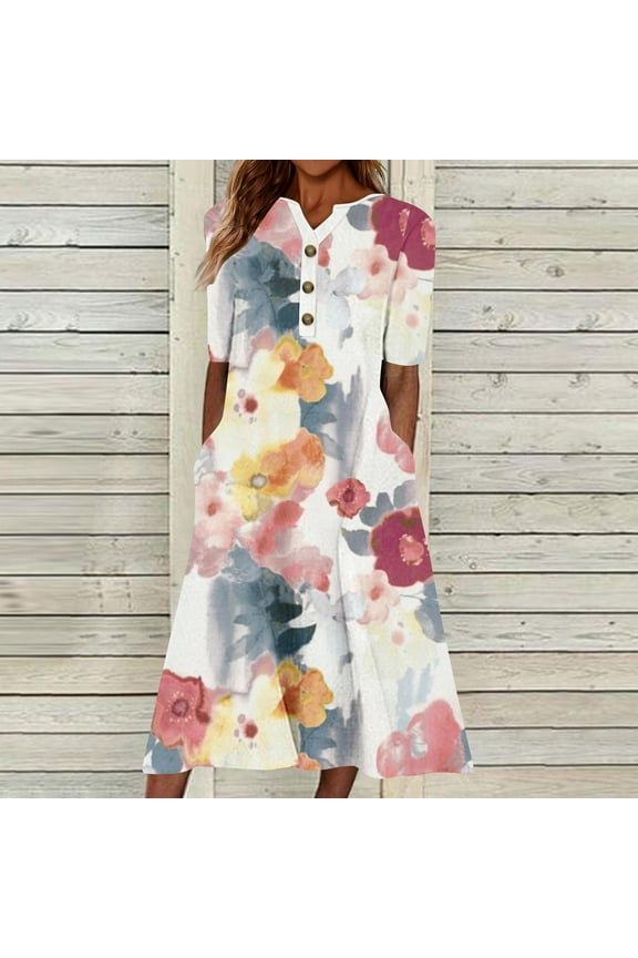 Summer Dresses for Women Casual Pocket Button Down Plus Size Tunic Dresses Elbow-Length V-Neck Camouflage Long Sun Dress Orange XXL