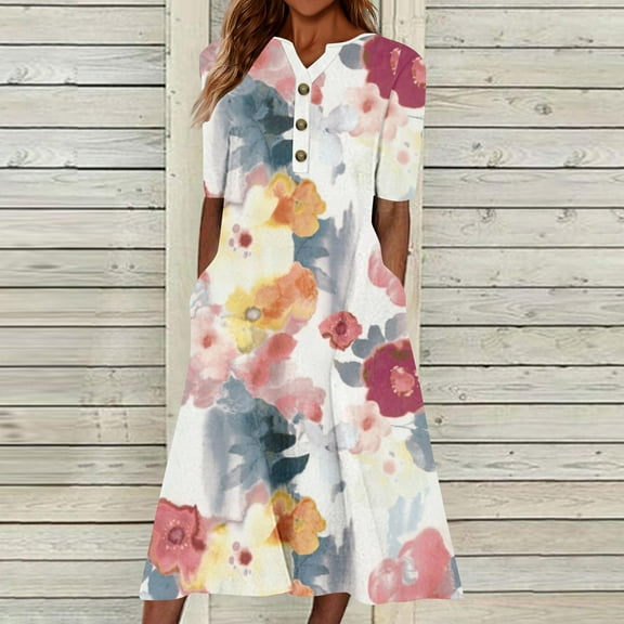 Wycnly Summer Dresses for Women Casual Pocket Button Down Plus Size Tunic Dresses Elbow-Length V-Neck Camouflage Long Sun Dress Orange l