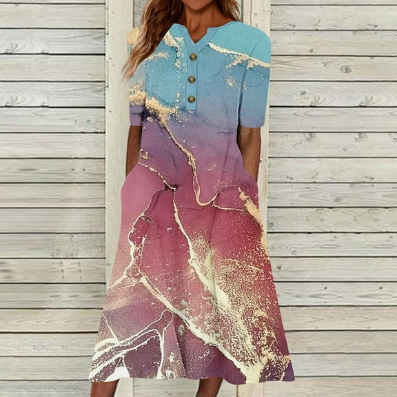 Wycnly Summer Dresses for Women Casual Pocket Button Down Plus Size Tunic Dresses Elbow-Length V-Neck Camouflage Long Sun Dress Pink XL