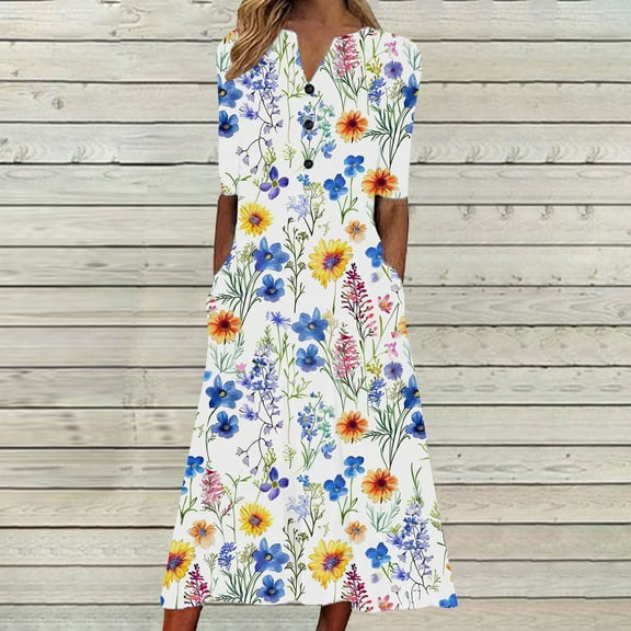 Wycnly Summer Dresses for Women Casual Pocket Button Down Plus Size Tunic Dresses Elbow-Length V-Neck Camouflage Long Sun Dress Pink m