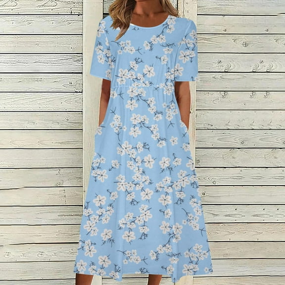 Wycnly Summer Dresses for Women Casual Pocket Button Down Plus Size Tunic Dresses Elbow-Length V-Neck Camouflage Long Sun Dress Sky Blue m