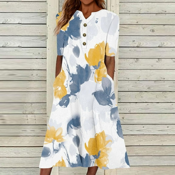 Wycnly Summer Dresses for Women Casual Pocket Button Down Plus Size Tunic Dresses Elbow-Length V-Neck Camouflage Long Sun Dress Yellow XL