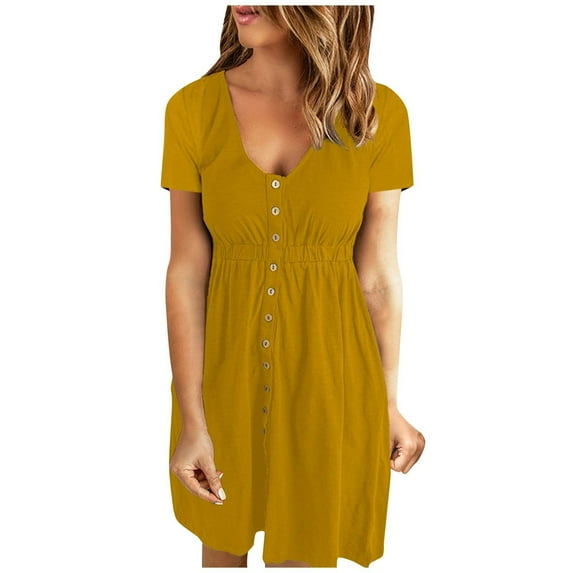 Wycnly Summer Dresses for Women Elastic Waist Button Down Smocked Tunic Tshirt Dresses 2024 Casual Short Sleeve V-Neck Solid Mini Dress Yellow xxxl