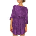 thumbnail image 1 of Wycnly Summer Dresses for Women Elbow-Length Round Neck Solid Short Dresses Tie Waist Sequin Patchwork Party Club Mini Sun Dress Purple, 1 of 7