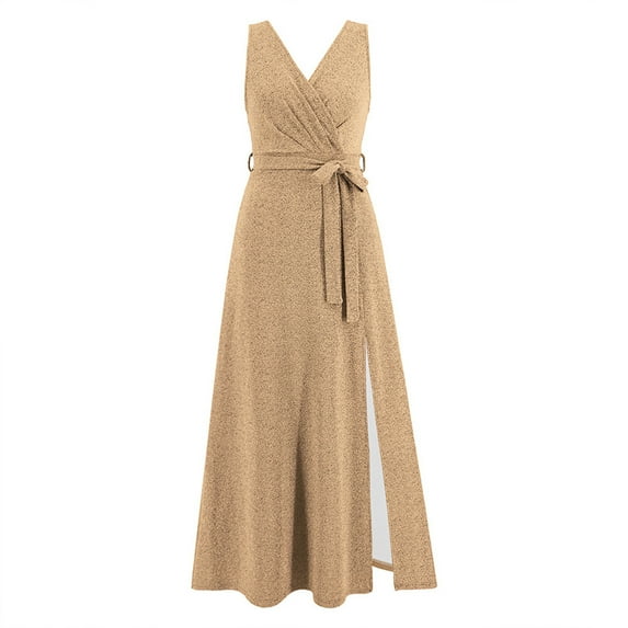 Wycnly Summer Dresses for Women with Belt High Slit Slim Cotton Beach Party Tank Maxi Dresses Sleeveless V-Neck Solid Long 2025 Dress Gold m Under $5