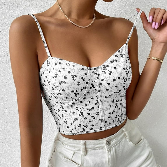 Wycnly Summer Saving Camisole for Women Tank Tops Women Going out Slim Spaghetti Strap Corset Cropped Top Trendy Floral Print Sleeveless Tee Shirts Ladies Sleeveless Shirt