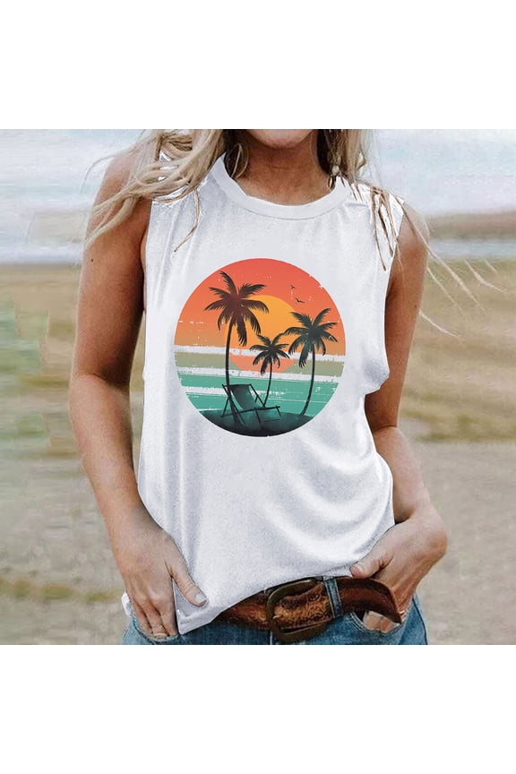 Summer Saving Tank Top for Women Summer Tops Summer Hawaiian Beach Vacation Loose Comfy Tank Tops Casual Coconut Tree Graphics Sleeveless Blouses Girls Sleeveless Shirt
