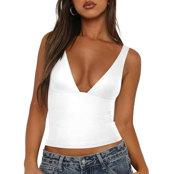 Wycnly Summer Saving Tank Top for Women Summer Tops for Women Going out Deep V Neck Slim Fit Tunic Tops 2024 Fashion Solid Sleeveless T-shirt Ladies Sleeveless Shirt
