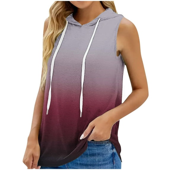 Wycnly Summer Saving Tank Top for Women Tank Top for Women Sports Breathable Plus Size Loose Drawstring Hoodies Tank 2024 Fashion Gradient Print Sleeveless Tee Shirts Girls Sleeveless Shirt