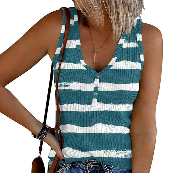 Wycnly Summer Saving Tank Top for Women Tank Tops Plus Size Button up Slim Knitted Ribbed Tank Tops Trendy Striped Print Sleeveless Tee Shirts Girls Sleeveless Shirt