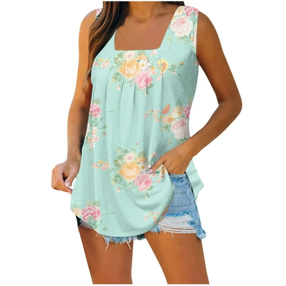 Wycnly Summer Saving Tank Top for Women Tank Tops Women Lightweight Loose Fit Pleated Tunic Blouses Trendy Floral Print Sleeveless T Shirt Ladies Sleeveless Shirt