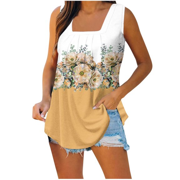 Wycnly Summer Saving Tank Top for Women Tank Tops Women Pleated Loose Swing Comfy Lightweight Tank Blouses 2024 Fashion Floral Print Sleeveless Shirt Girls Sleeveless Shirt