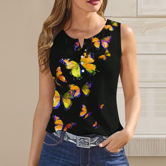 Wycnly Summer Saving Tank Top for Women Womens Tops Henley Shirts Tank Breathable Slim Button up Tunic Casual Butterfly Print Sleeveless T Shirt Ladies Sleeveless Shirt