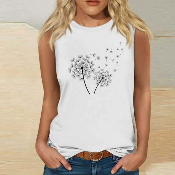 Wycnly Tank Top for Women Womens Tops Loose Fit Breathable Comfy Tank Tops Tees 2025 Casual Dandelion Print Sleeveless Blouses Girls Sleeveless Shirt