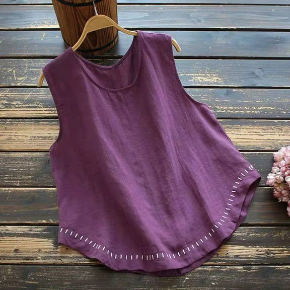 Wycnly Summer Saving Tank Top for Women Womens Tops Vintage Embroidery Loose Irregular Hem Cotton Line Top Casual Solid Sleeveless Blouses Ladies Sleeveless Shirt
