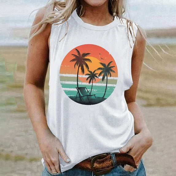 Wycnly Summer Saving Tank Top for Women Workout Tops for Women Summer Hawaiian Beach Vacation Loose Comfy Tank Tops Casual Coconut Tree Graphics Sleeveless Tee Tops Ladies Sleeveless Shirt
