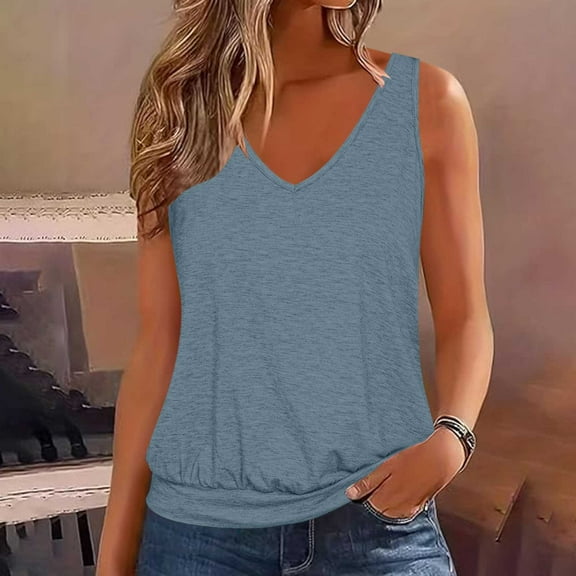 Wycnly Summer Tank Tops Floral Print V-Neck Sleeveless T Shirts for Women Fashion Pleated Swing Button Down Lightweight Tunic Vest Blouses Blue s Under $5