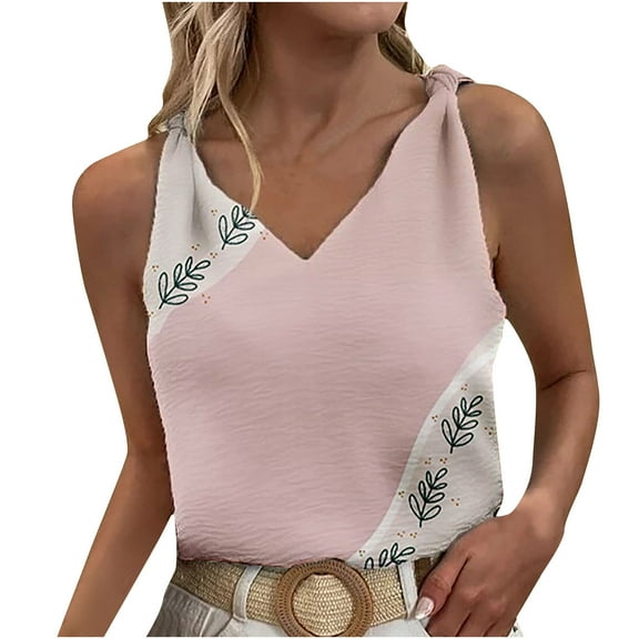 Wycnly Summer Tank Tops Leaves Print V-Neck Sleeveless T Shirts for Women Beach Holiday Ladies Fashion Knotted Strap Vest Blouses Pink s Under $5