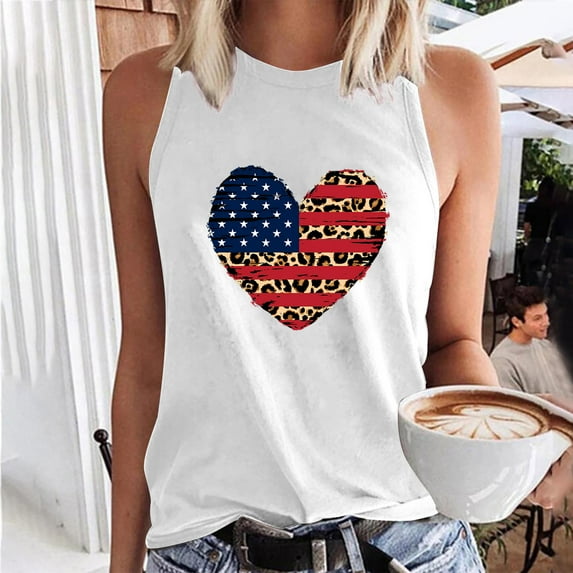 Wycnly Summer Tank Tops Leopard Heart Striped Print Round Neck Sleeveless T Shirts for Women 4th July Fashion Independence Day Graphics Loose Vest Blouses White s Clearance Under $5