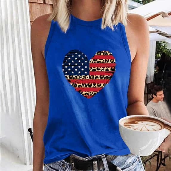 Wycnly Summer Tank Tops Leopard Heart Striped Print Round Neck Sleeveless T Shirts for Women 4th July Fashion Independence Day Graphics Loose Vest Blouses Blue m Under $5