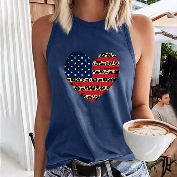 Wycnly Summer Tank Tops Leopard Heart Striped Print Round Neck Sleeveless T Shirts for Women 4th July Fashion Independence Day Graphics Loose Vest Blouses Navy m Under $5