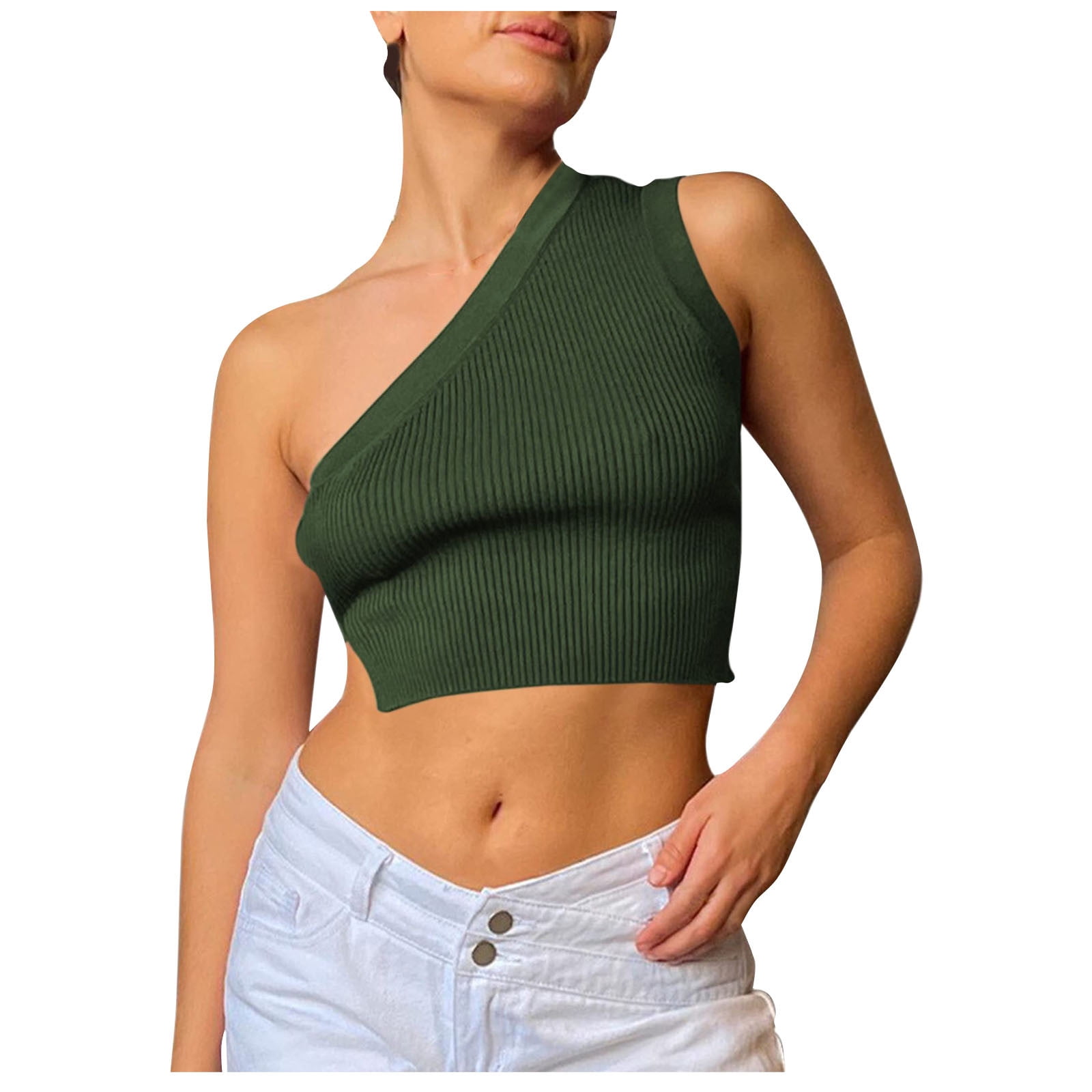 Wycnly Summer Tank Tops Plain Slash Neck Sleeveless T Shirts for Women Ladies Solid One Shoulder Knitted Ribbed Cropped Tops Vest Army Green l Clearance Under 5 Walmart