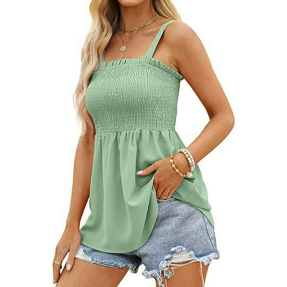 Wycnly Summer Tank Tops Plain Square Neck Sleeveless T Shirts for Women Beach Elastic Waist Flowy Swing Strap Chiffon Blouse Vest Green xxl Clearance Under $5