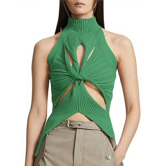 Wycnly Summer Tank Tops Solid Half High Neck Sleeveless T Shirts for Women Sexy Cut-out Off Shoulder Going Out Knitted Vest Green l Under $5