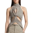 thumbnail image 1 of Wycnly Summer Tank Tops Solid Half High Neck Sleeveless T Shirts for Women Sexy Cut-out Off Shoulder Going Out Knitted Vest Khaki l Under $5, 1 of 5