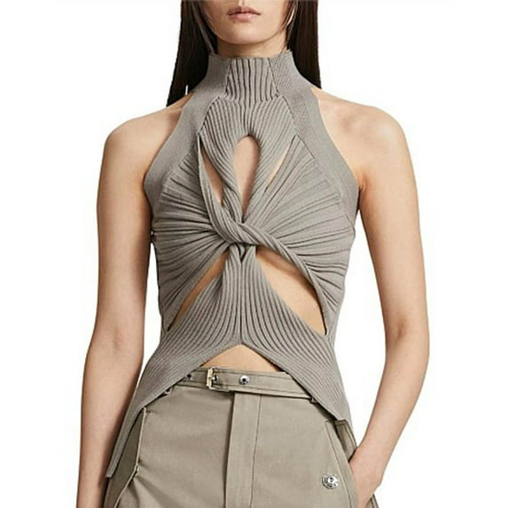 Wycnly Summer Tank Tops Solid Half High Neck Sleeveless T Shirts for Women Sexy Cut-out Off Shoulder Going Out Knitted Vest Khaki l Under $5