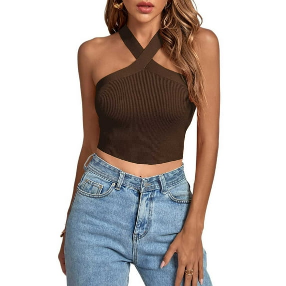Wycnly Summer Tank Tops Solid Halter Sleeveless T Shirts for Women Sexy Off Shoulder Slim Fit Knitted Ribbed Going Out Blouses Vest Brown s Under $5